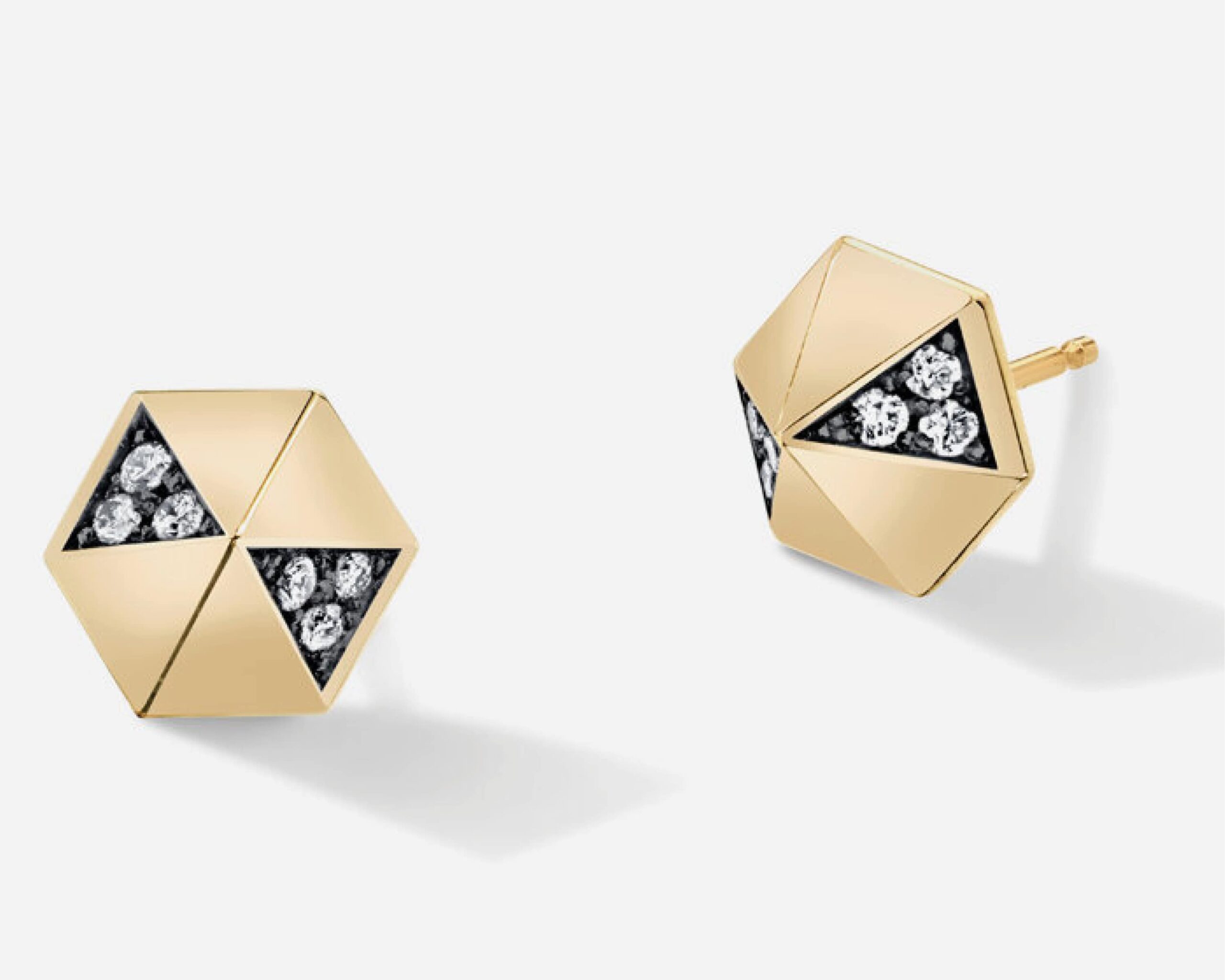 Pyramid Diamond Stud Earrings from Harwell Godfrey featuring a geometric pyramid earring design with white diamonds set in black rhodium
