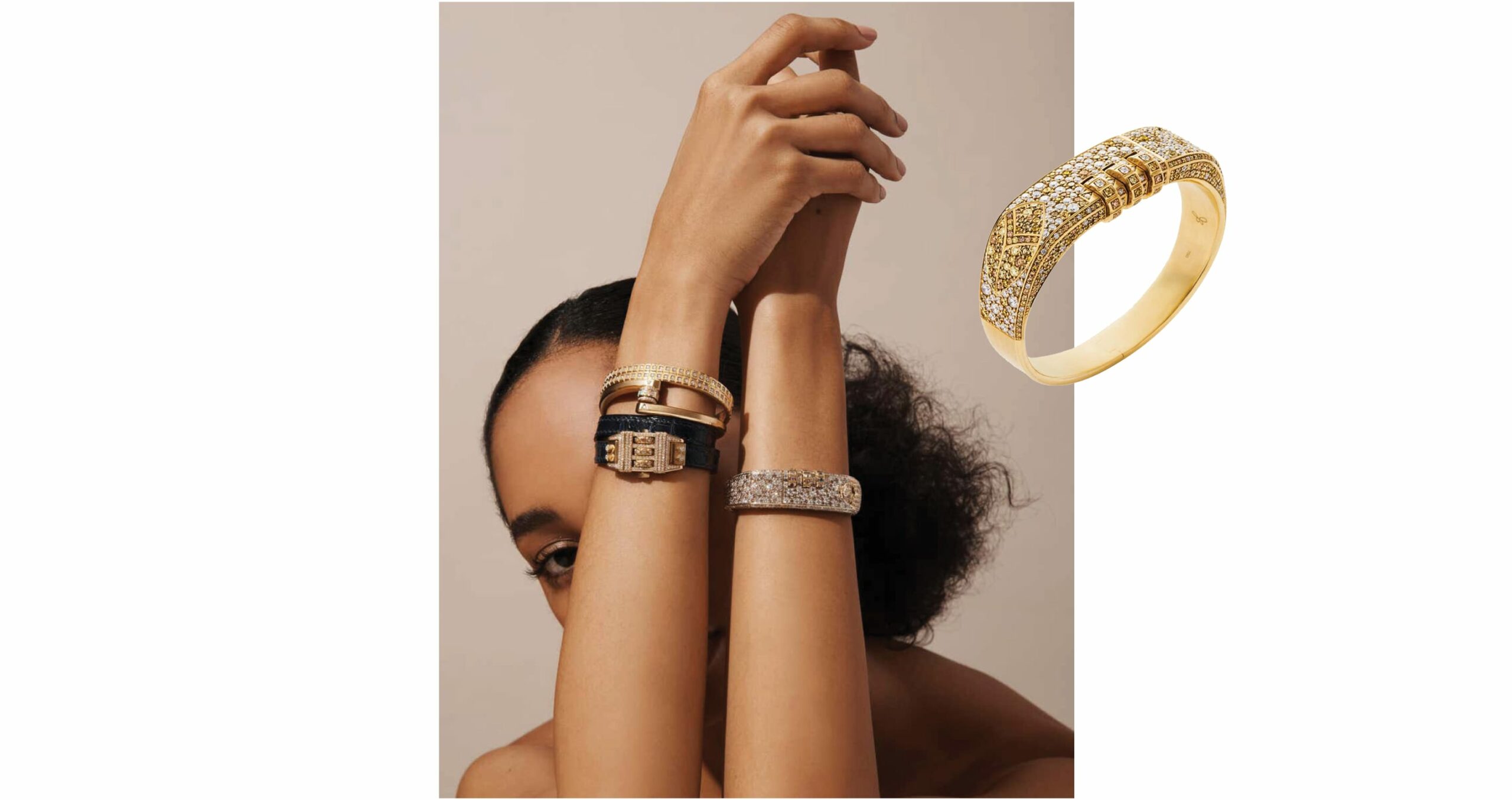 Made to Order Customizable Pave Diamond Code Lock Bracelet from James Banks that features a diamond encrusted lock with a leather wrap bracelet style
