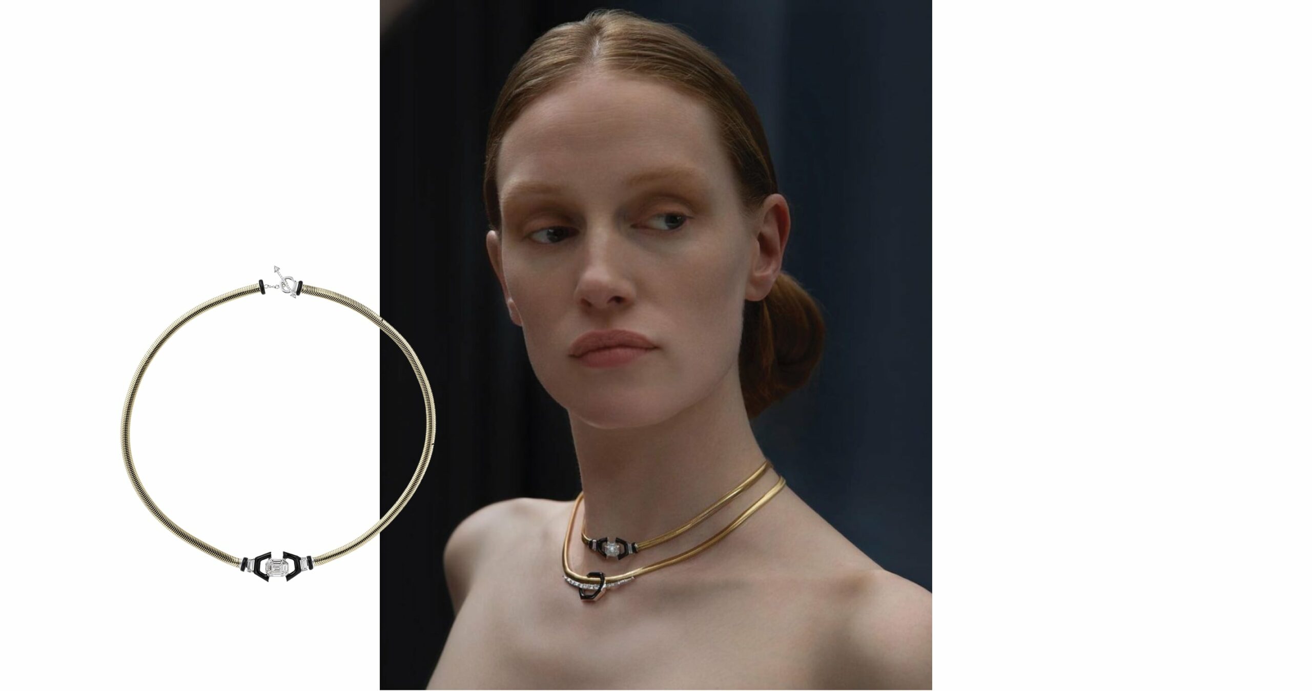 Feelings Collection Diamond Choker Necklace from Nikos Koulis featuring a gold band with a central diamond surrounded in black enamel