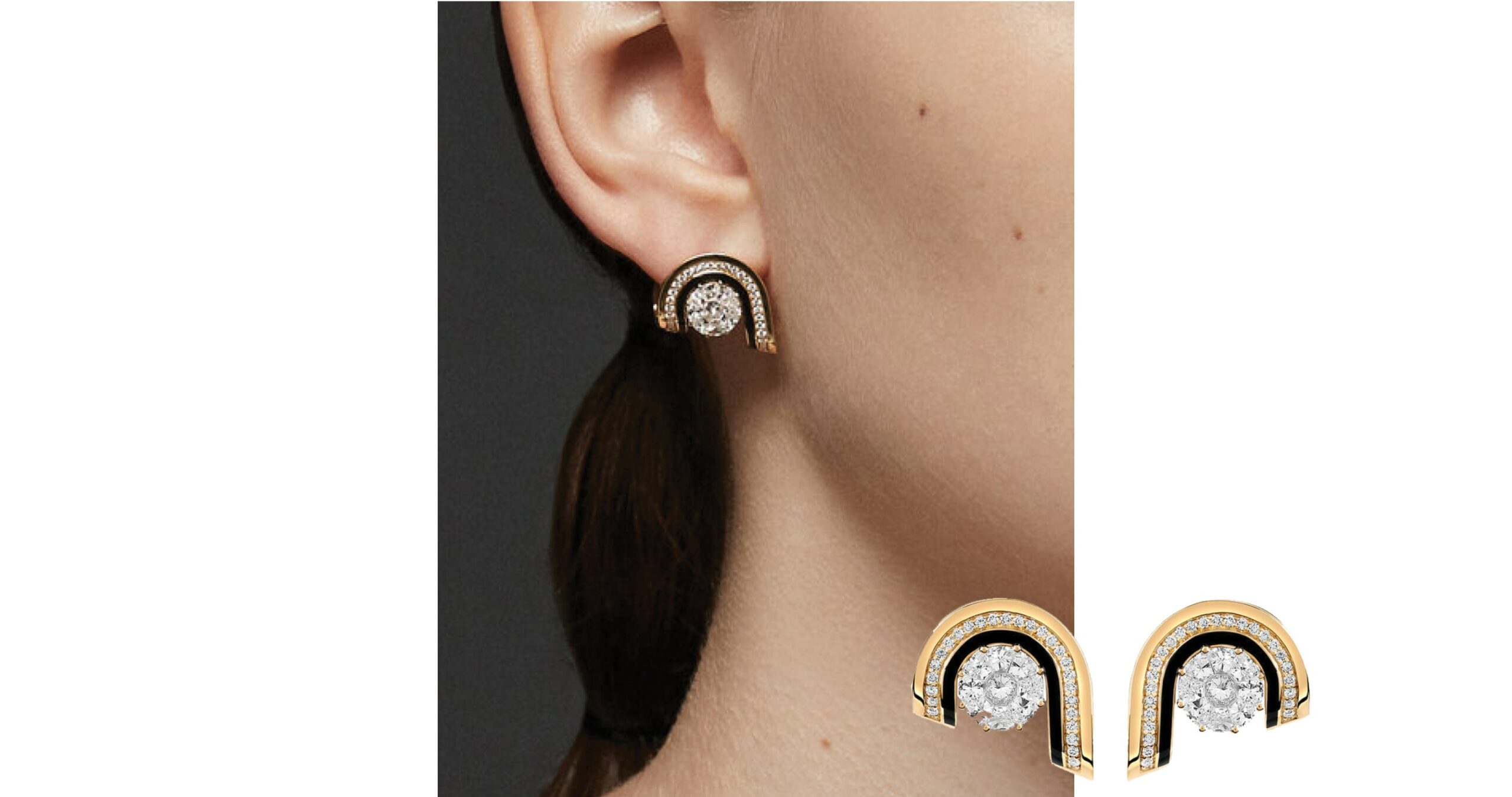 Dias Brilliant Earrings from This is State Property that feature gold curved earrings outline with black enamel and two central round cut diamonds