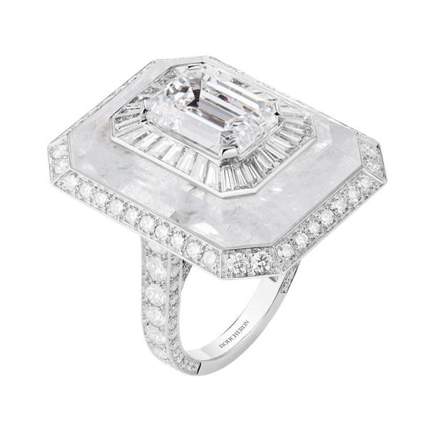Miroirs Infini Ring with Emerald-Cut Diamond and Rock Crystal, Pavéd with diamonds