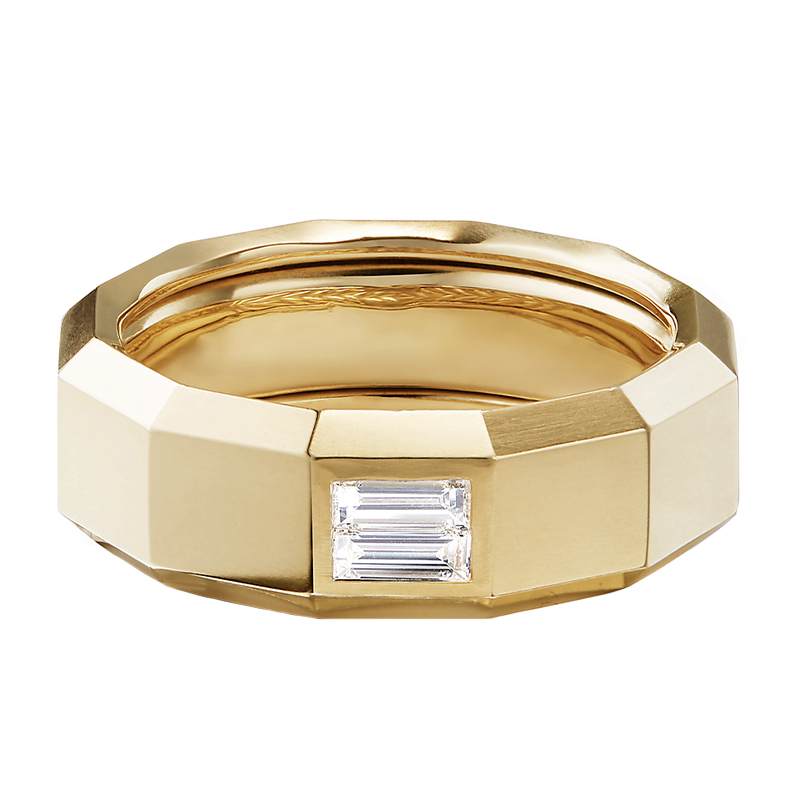 Faceted Band Ring in 18k Yellow Gold with Diamond Baguette