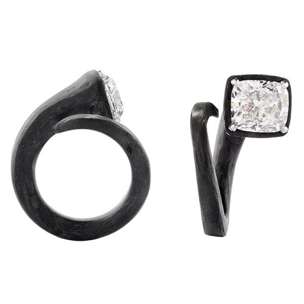 Nail Ring in Carbon Fibre with Cushion Diamond