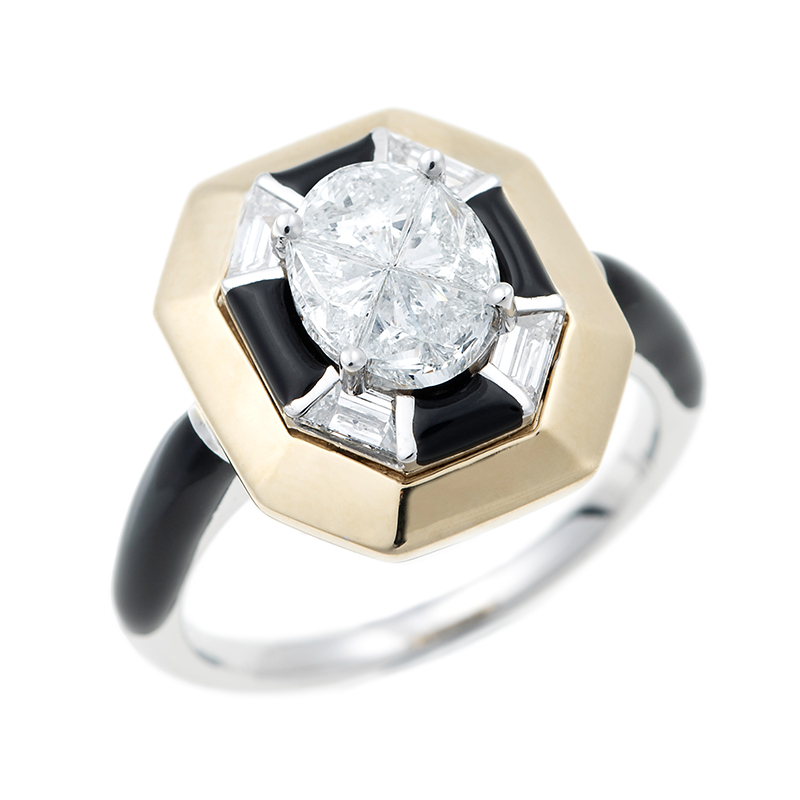 Oui Ring with White Diamond, White Diamond Baguettes and Black Enamel