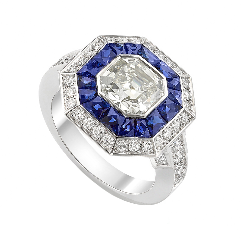 Custom Asscher Cut Diamond with a Full Carre Set Sapphire and Diamond Brilliant Cut Surround