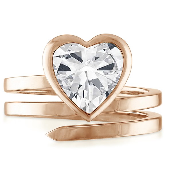 Bague en or rose 14 carats avec une pierre centrale en diamant naturel en forme de coeur