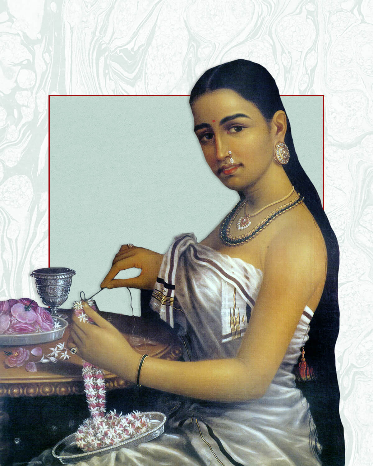 Lady Making a Garland, From the image collection of Parsaram Mangharam book his ‘Raja Ravi Varma: The Painter Prince’ depicts a woman with a traditional Indian nose piercing.