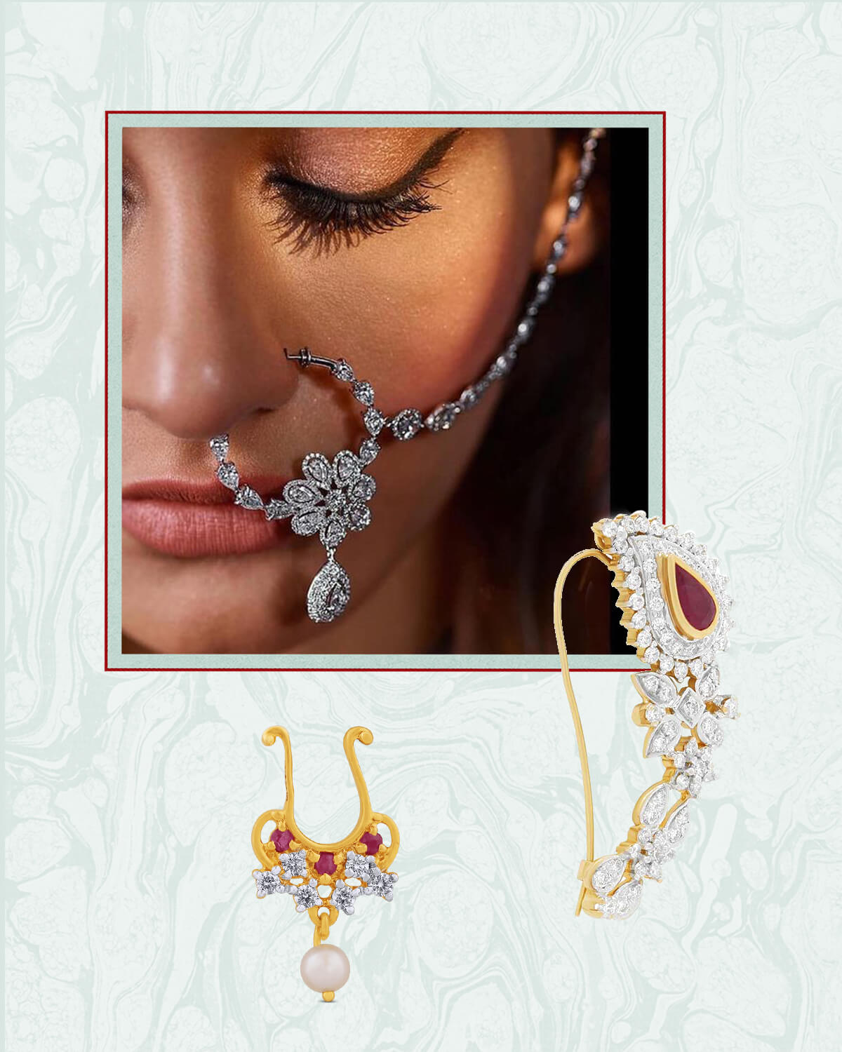 More elaborate nose pin styles are usually preserved for special occasions. (Hazoorilal By Sandeep Narang; Waman Hari Pethe Jewellers; Vummidi Bangaru Jewellers)