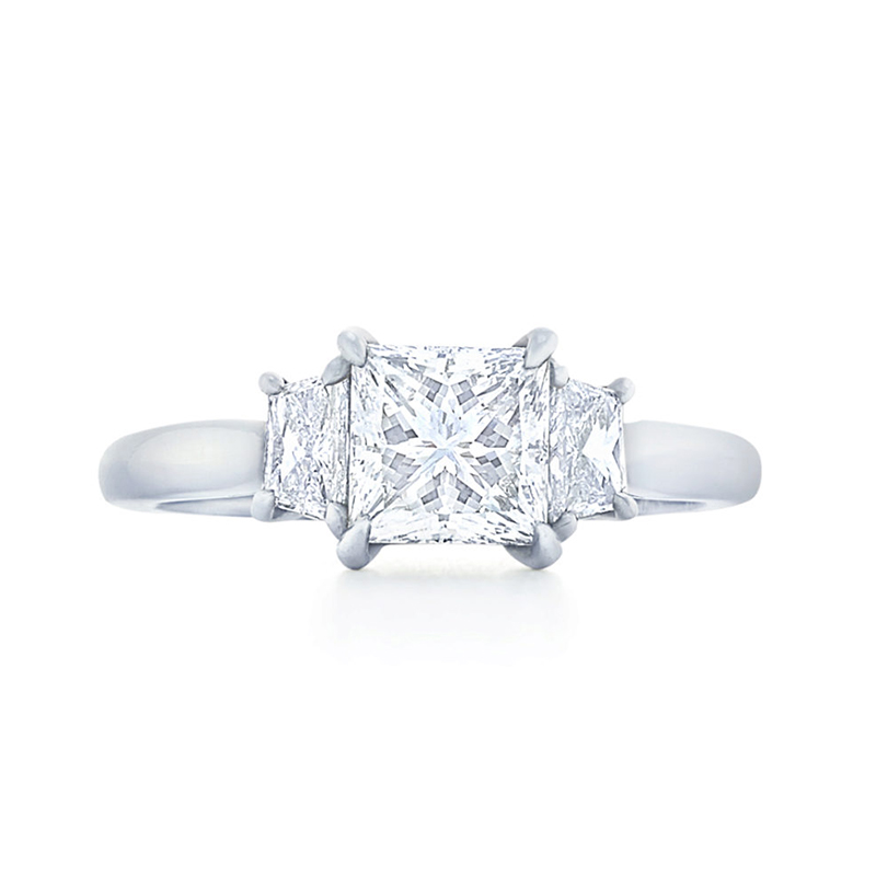 Princess Cut Diamond Engagement Ring with Two Brilliant Cut Trapezoid Side Stones