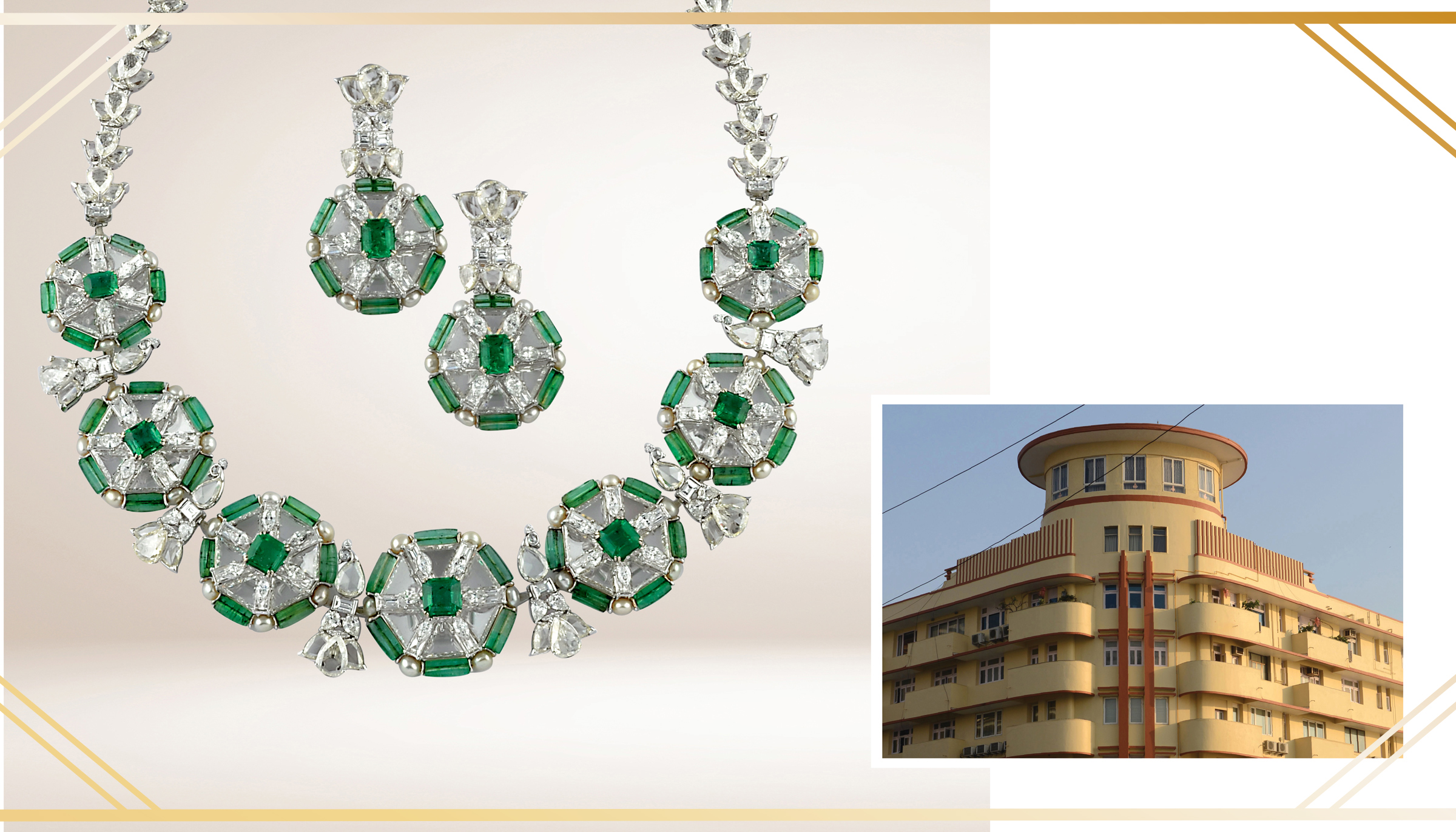 Left: Exquisite Emerald and Diamond Jewellery Set by Birdhichand Ghanshyamdas Jewellers 

 

Right: Art Deco Building on Mumbai's Marine Drive, Showcasing Linear and Geometric Features 