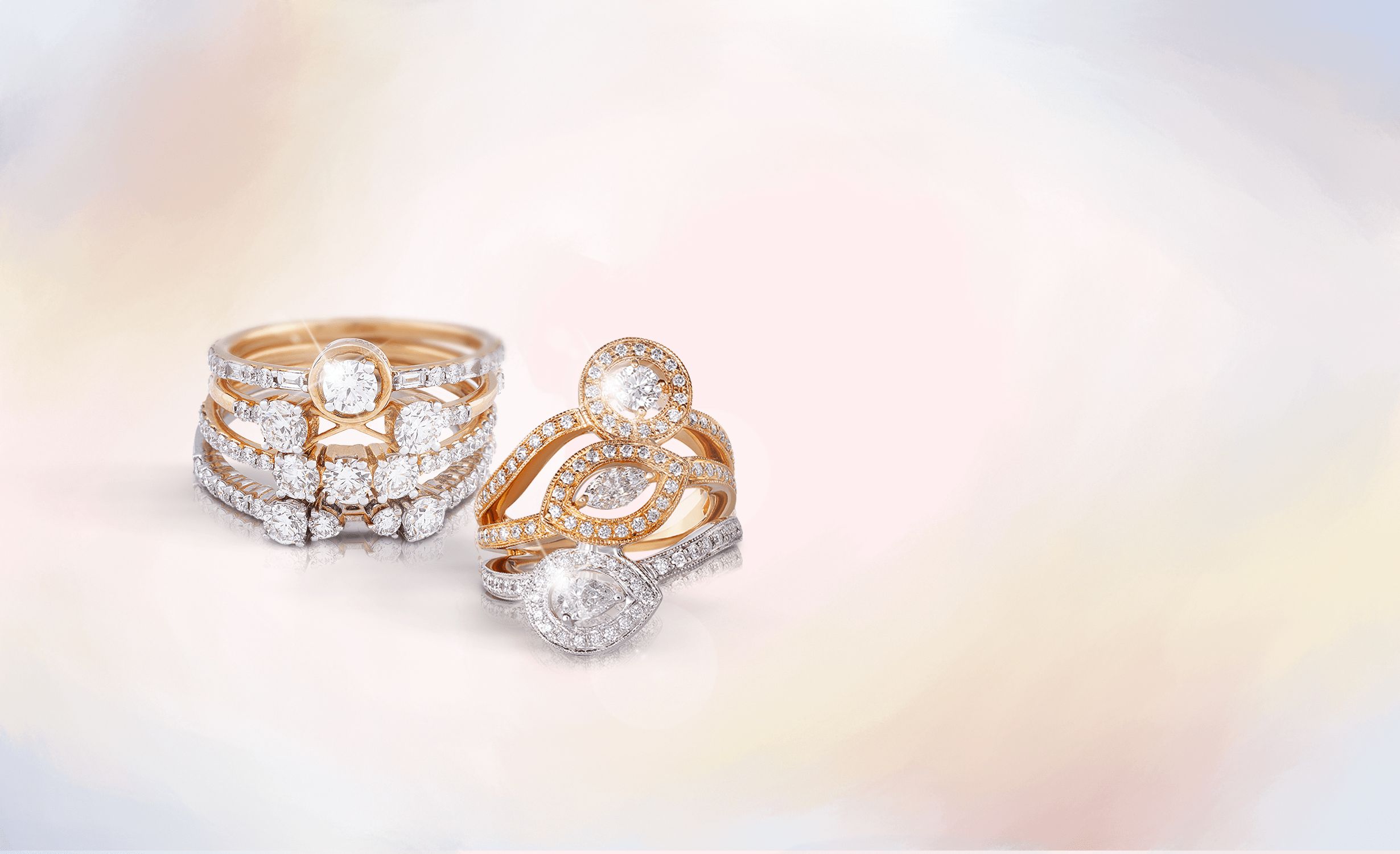 Sealed With Love: The Ultimate Jewellery Gifting Guide Stackable set of rings set in muted gold, Jewellery: VBJ (L) and NAC Jewellers (R)