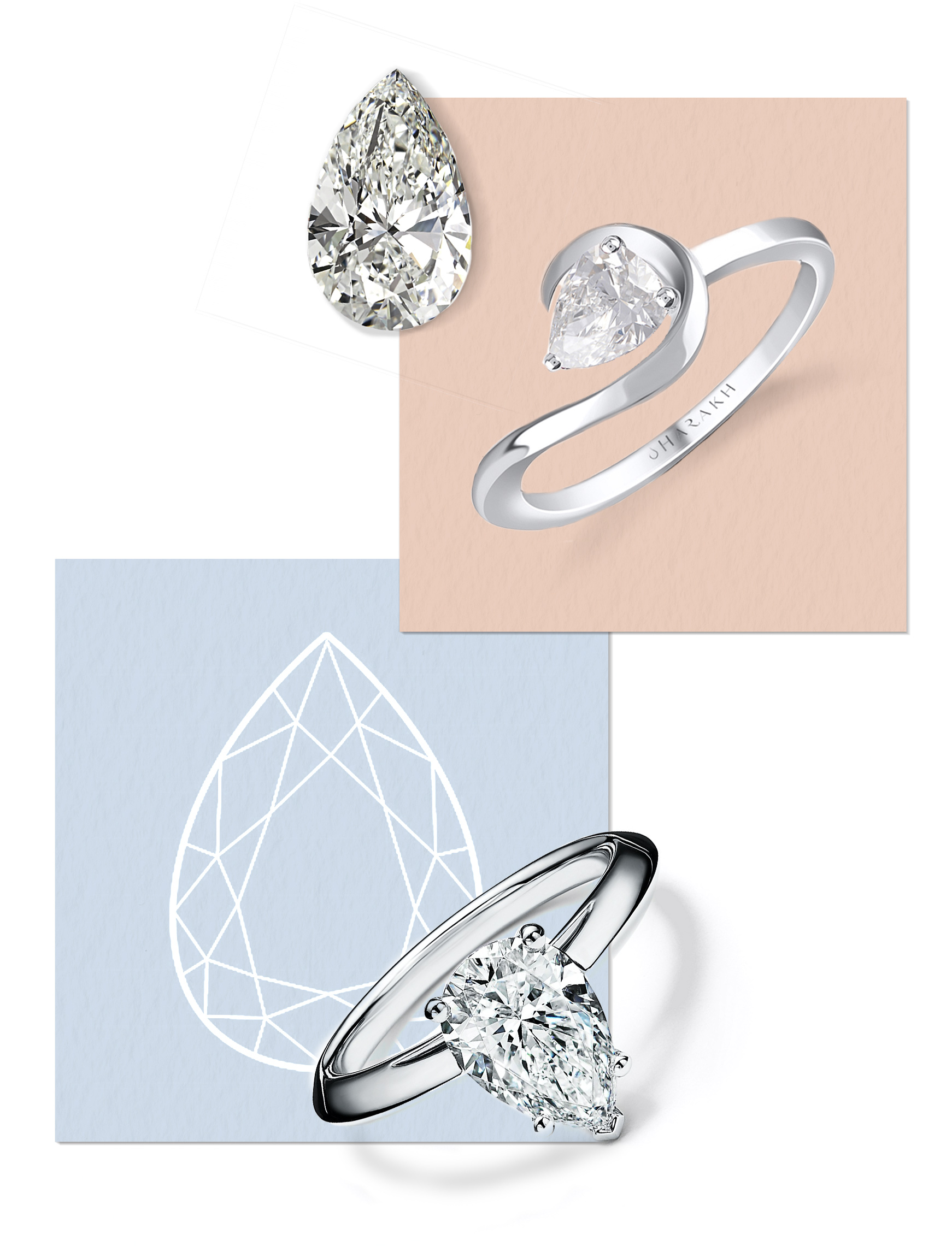 Solitaire diamond rings designed with brilliant-cut pear-shaped diamonds