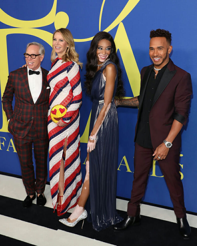 Lewis Hamilton with Winnie Harlow and Dee and Tommy Hilfiger