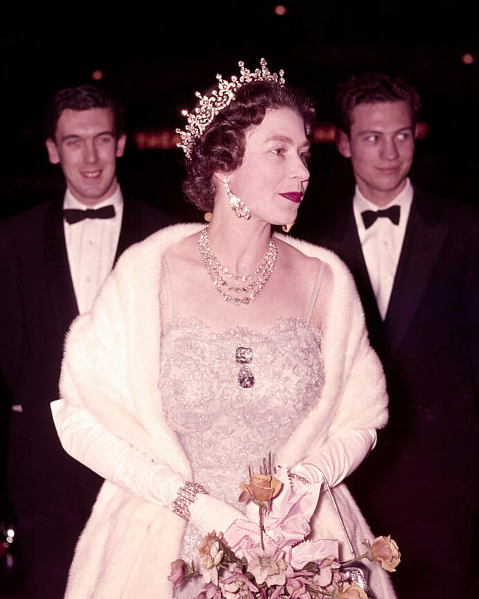 Queen Elizabeth II wearing the Festoon Necklace with Queen Mary's Girls of Great Britain and Ireland Tiara in 1962.
