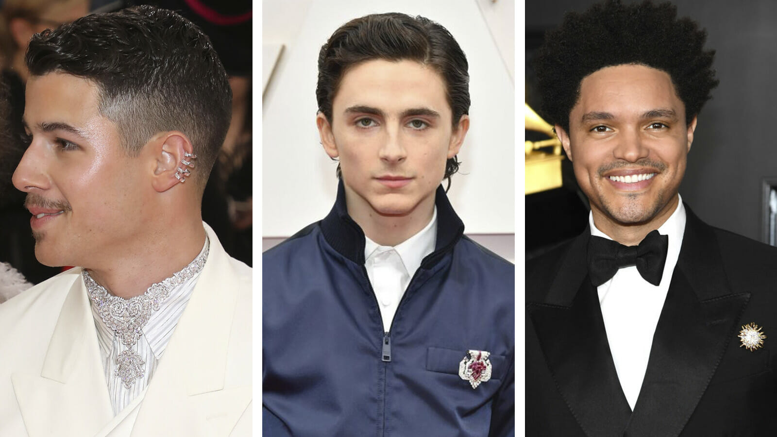 Celebrity men wearing diamond jewelry including Nick Jonas, Timothée Chalamet, Trevor Noah