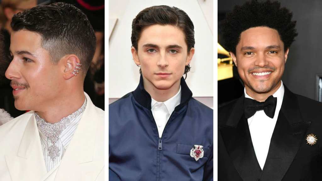 Celebrity men wearing diamond jewelry including Nick Jonas, Timothée Chalamet, Trevor Noah