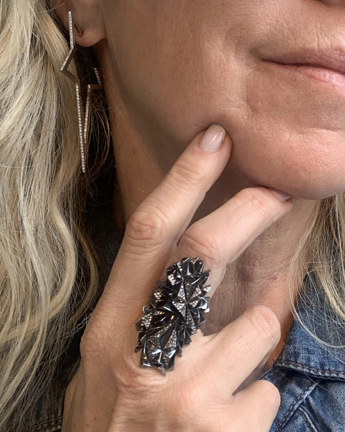 Diane Kordas Diamond Large Star Earring and Black Gold Eclipse Ring.