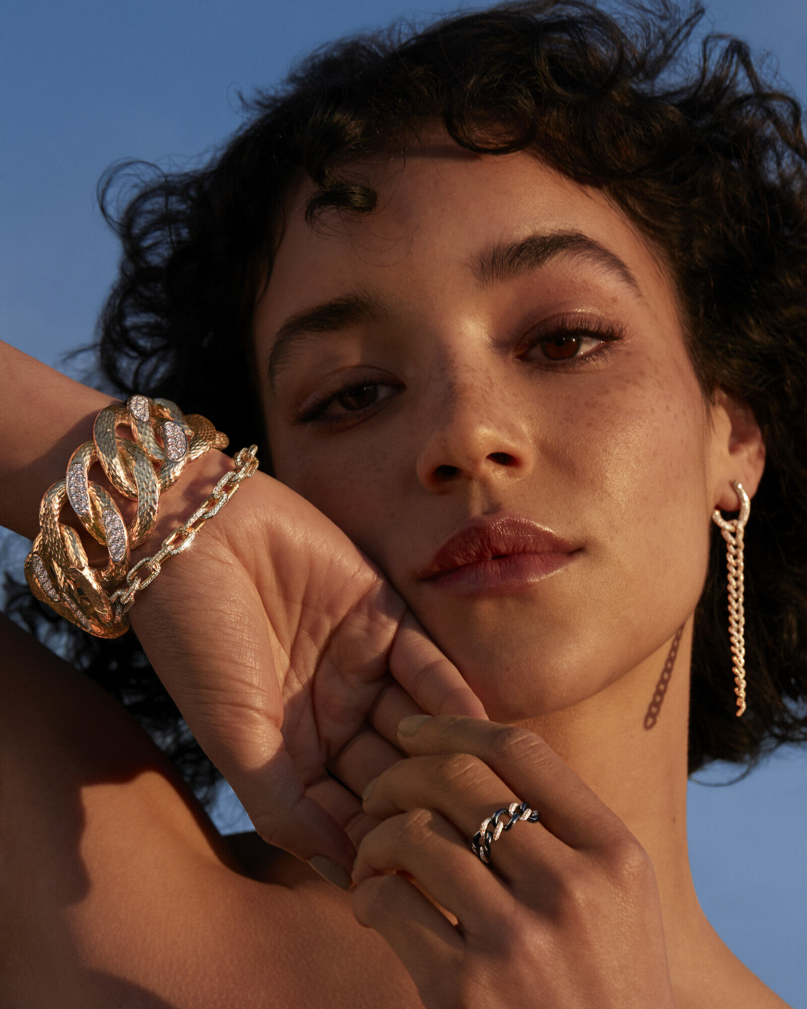 Heavy metals diamond jewelry, woman wearing earring, ring, bracelet