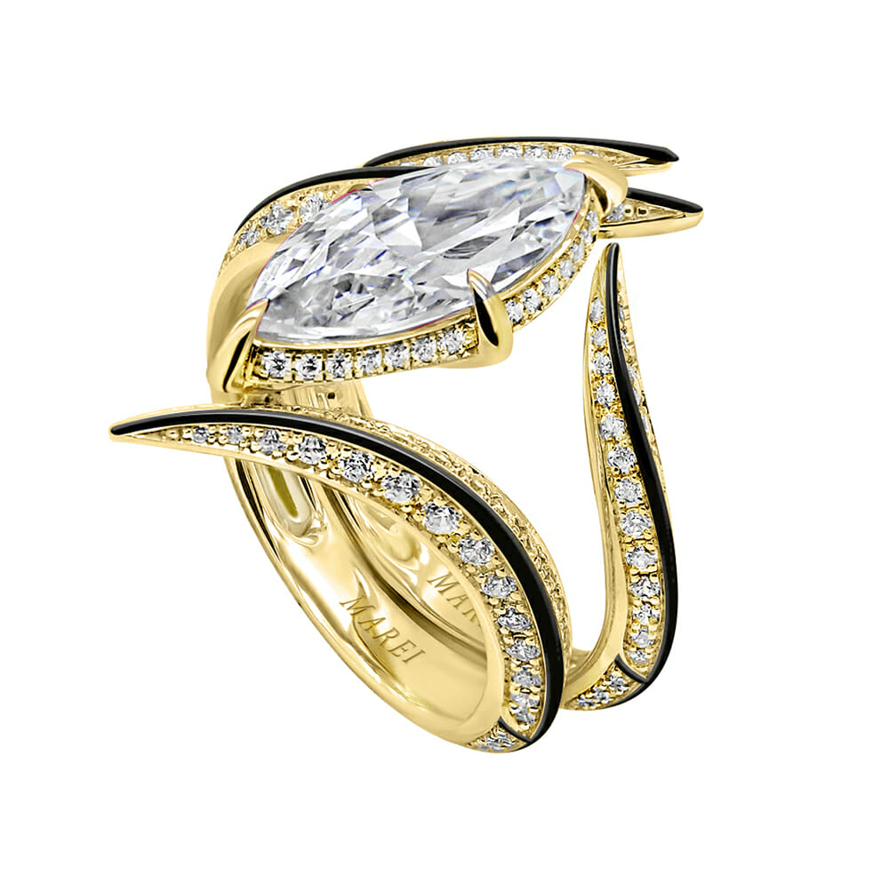 Ayla Marquise-Cut Diamond Engagement Ring with Black Enamel in 18K Yellow Gold