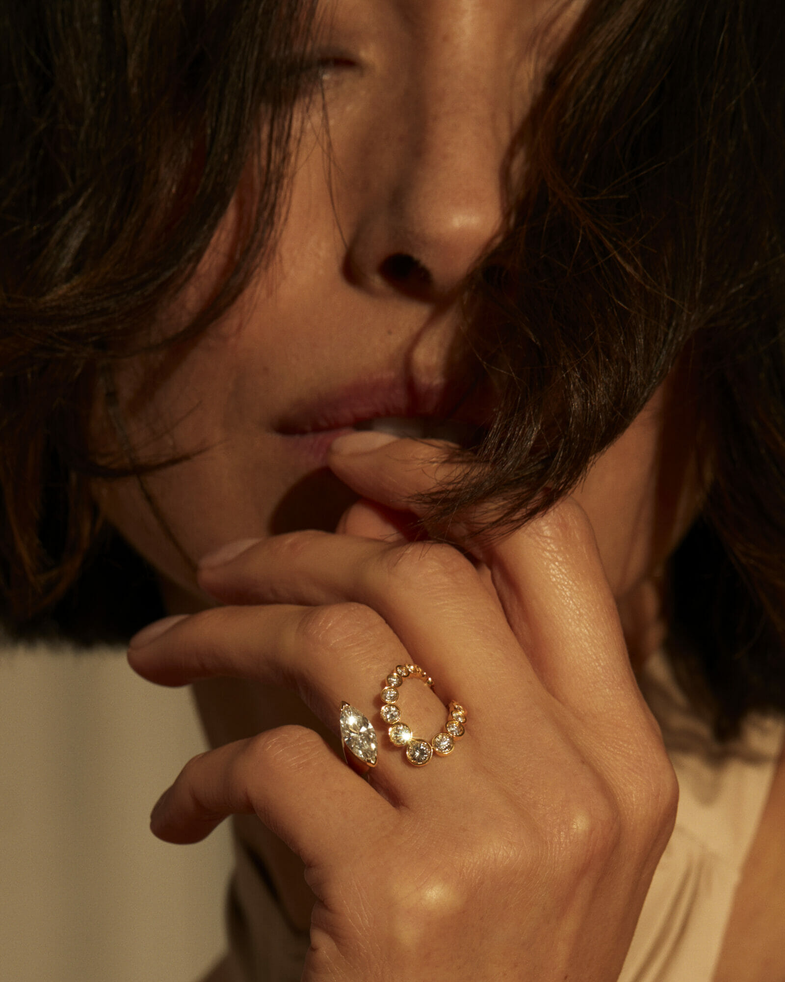 Marquise cut ring, woman wearing milamore diamond ring