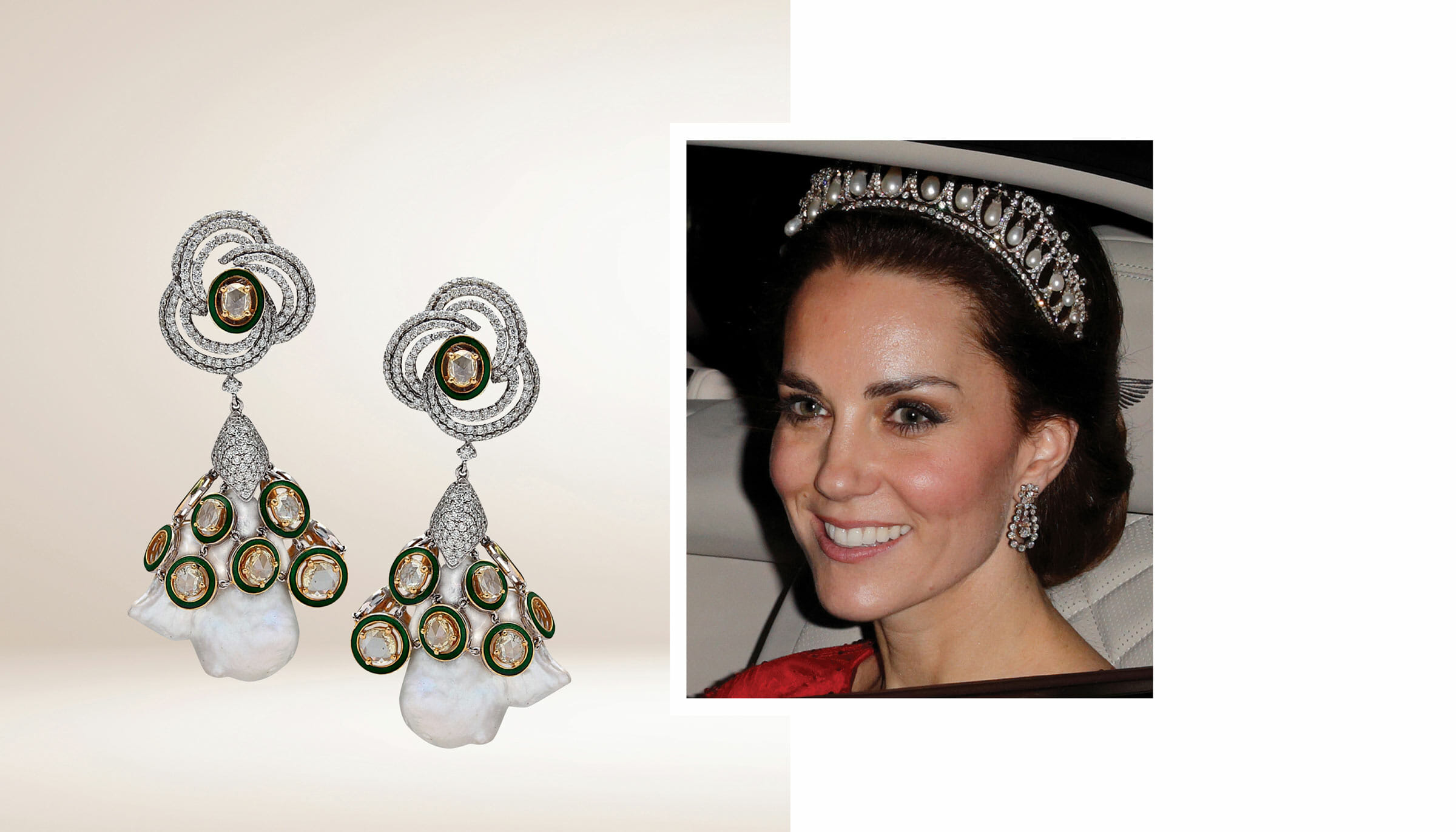 Diamonds, pearls and polki set in 18K gold earrings