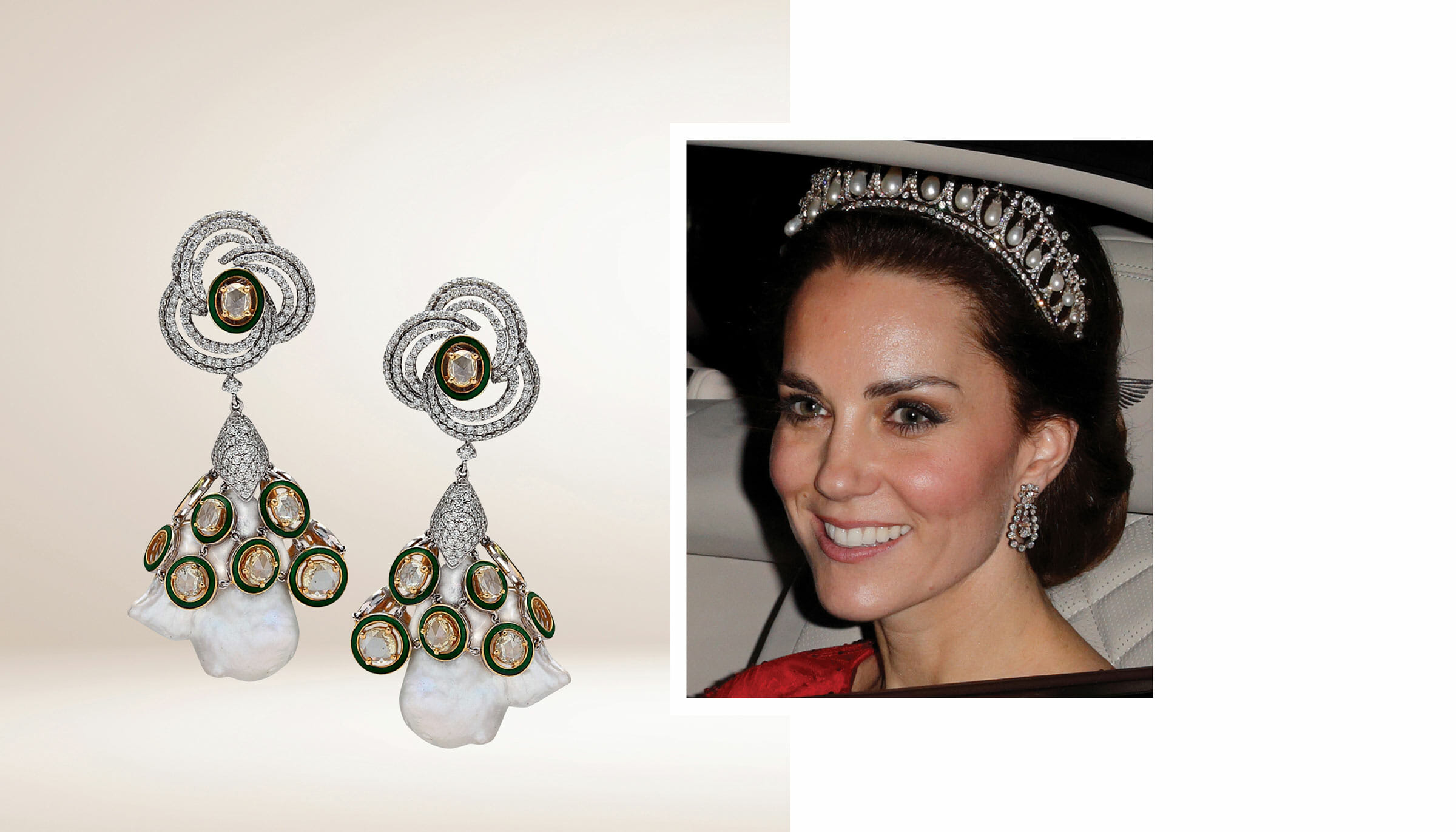 Duchess of Cambridge wearing a diamond and pearl tiara with diamond earrings. 
