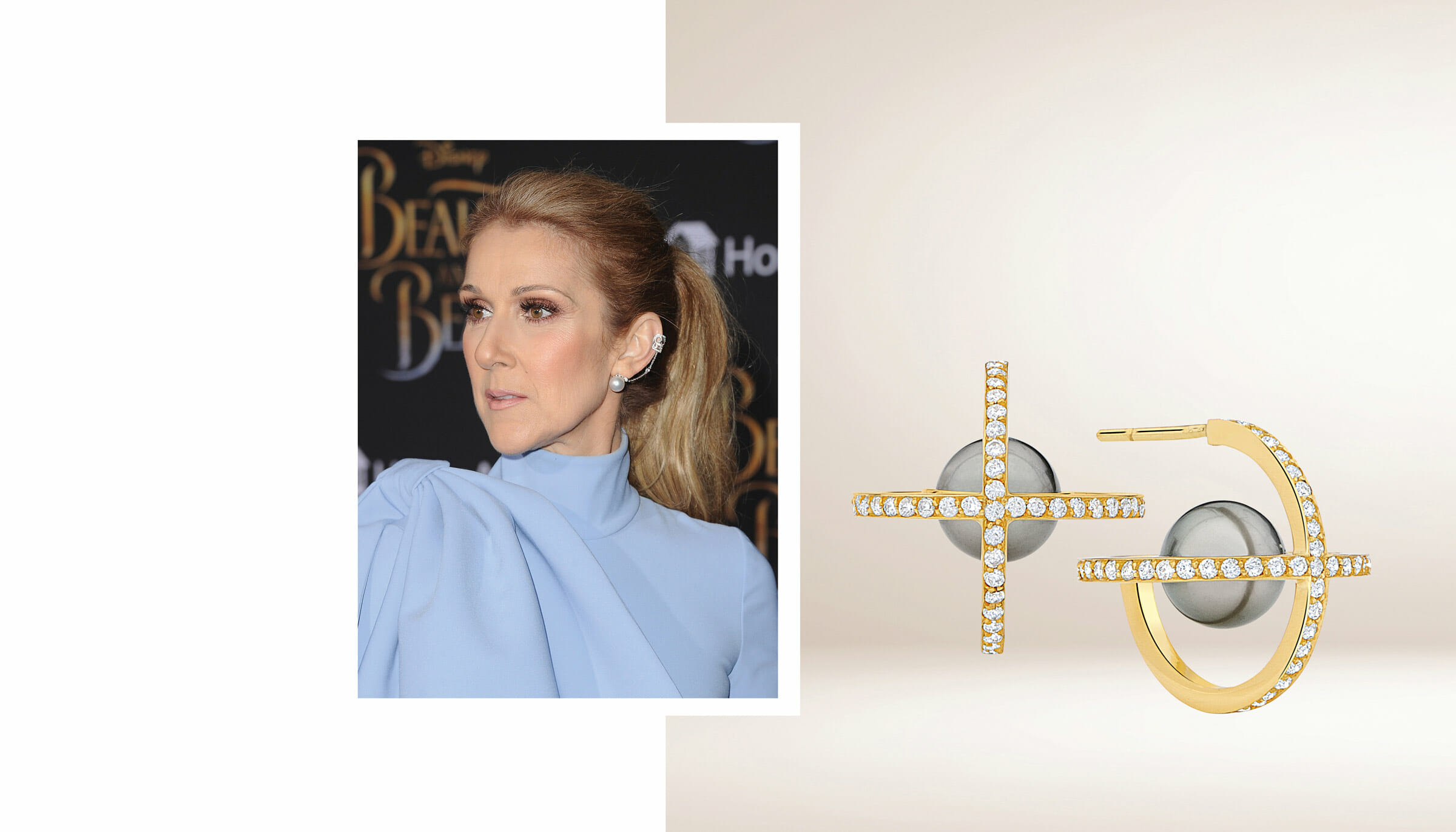Celine Dion wearing a diamond and pearl ear cuff