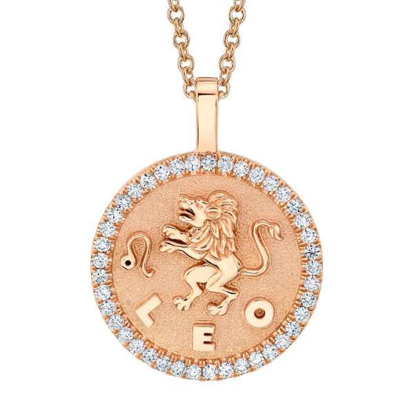 Leo zodiac coin Rose gold pendant with diamond frame
