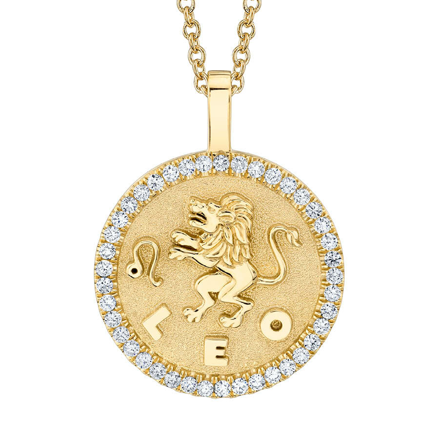 Leo zodiac coin Yellow gold pendant with diamond frame