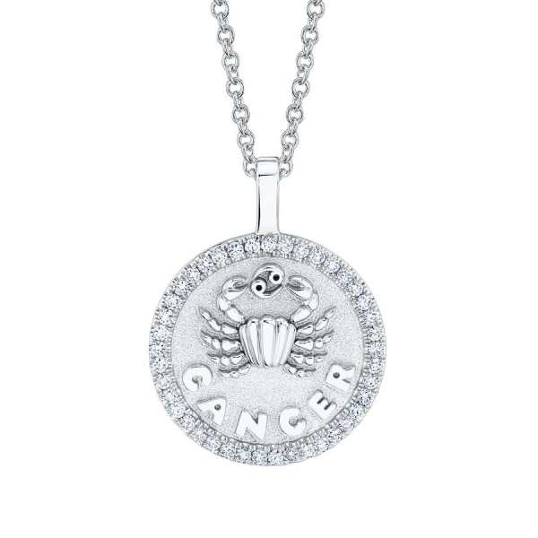 Cancer zodiac coin White gold pendant with diamond frame