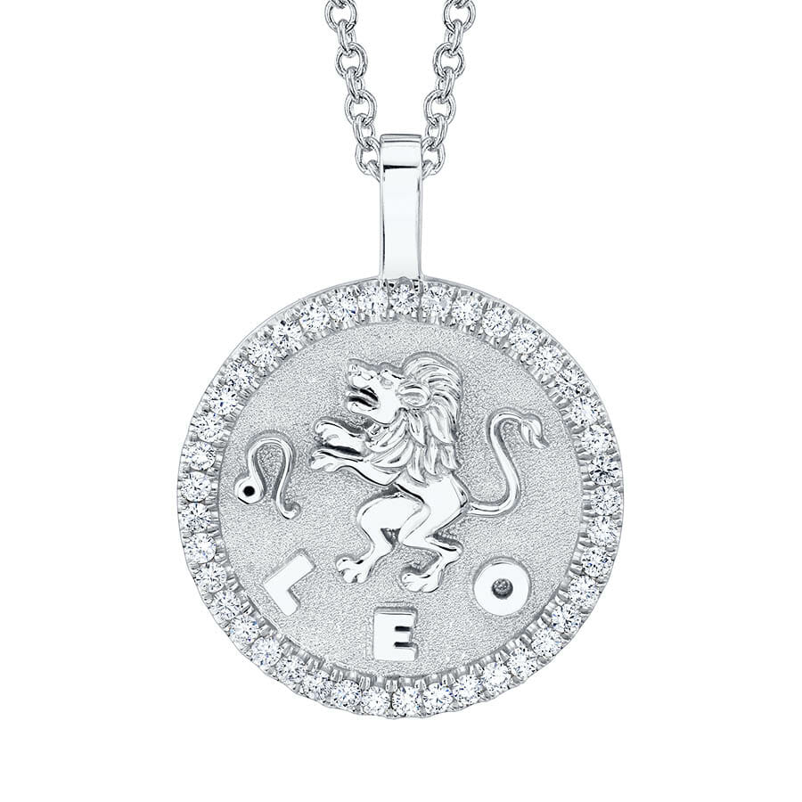 Leo zodiac coin White gold pendant with diamond frame
