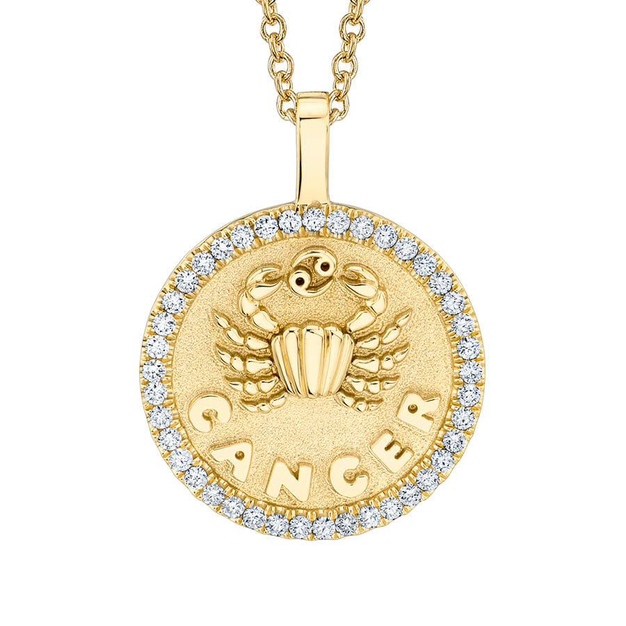 Cancer zodiac coin Yellow gold pendant with diamond frame