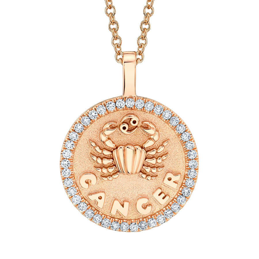 Cancer zodiac coin Rose gold pendant with diamond frame