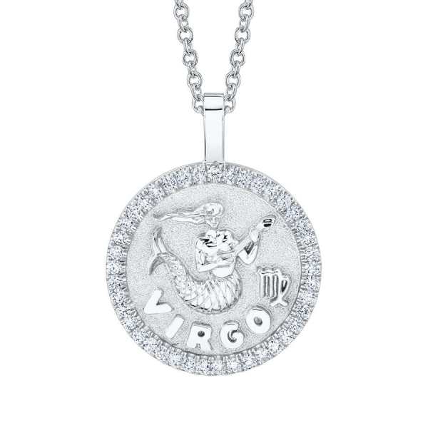 Virgo zodiac coin White gold pendant with diamond frame