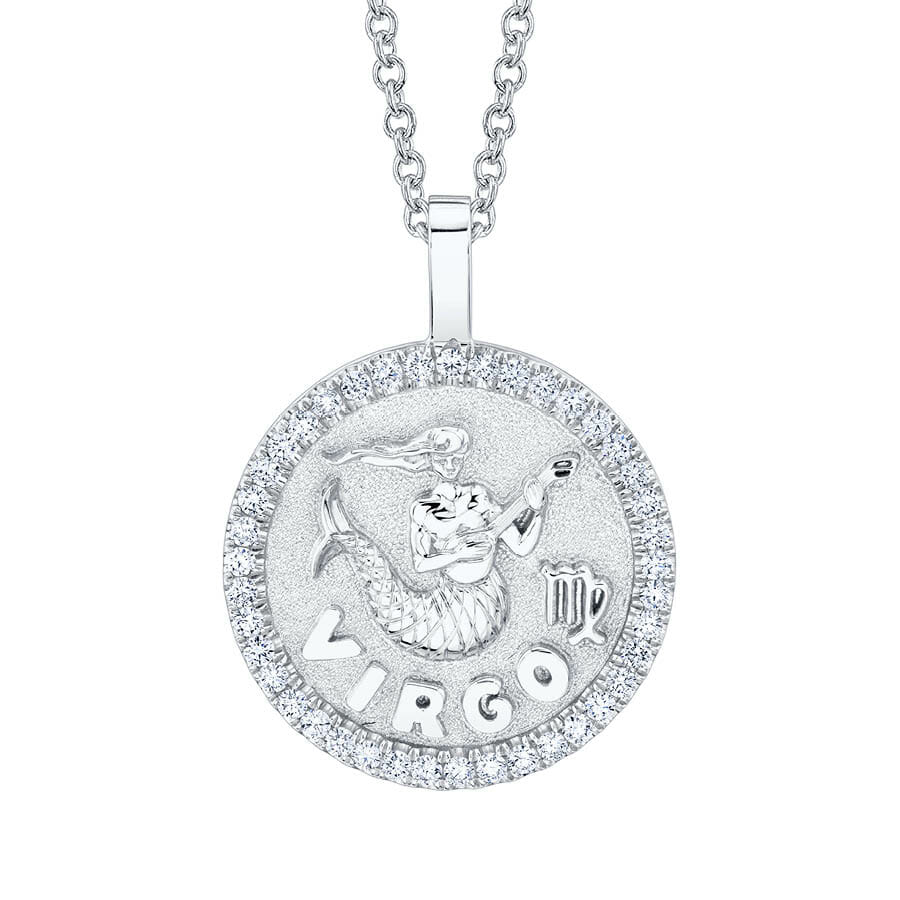 Virgo zodiac coin White gold pendant with diamond frame