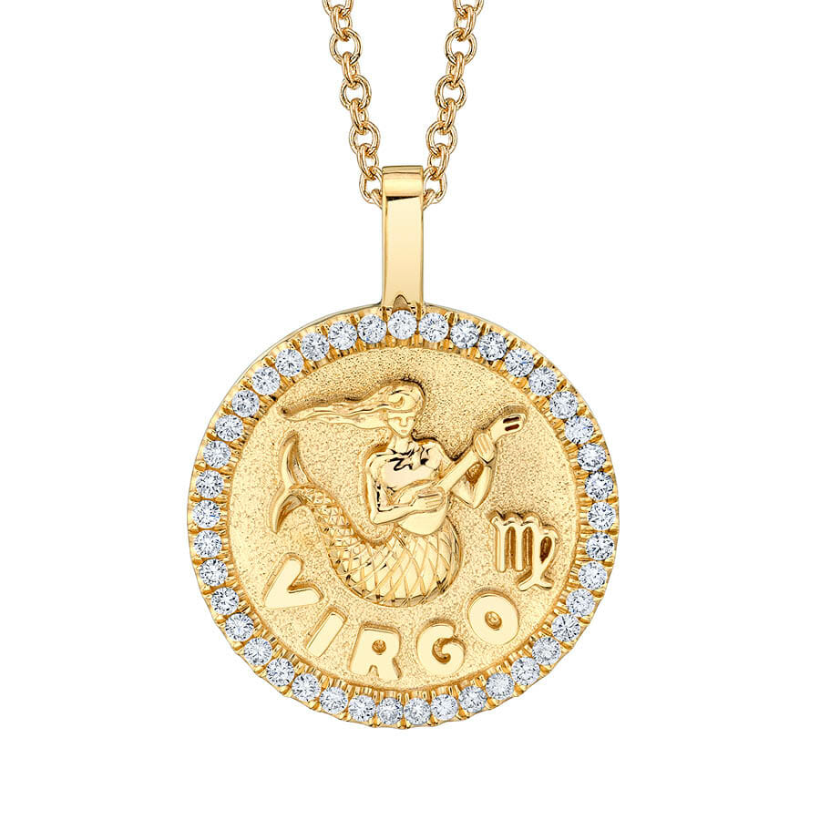 Virgo zodiac coin Yellow gold pendant with diamond frame