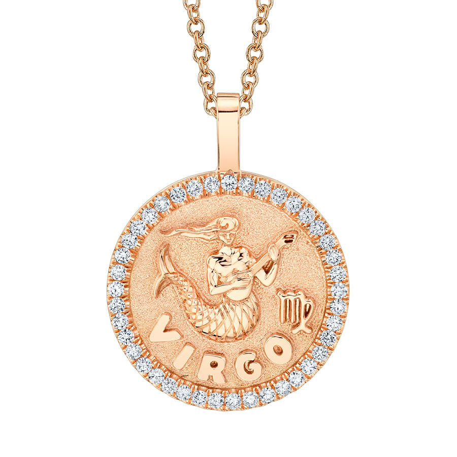 Virgo zodiac coin Rose gold pendant with diamond frame