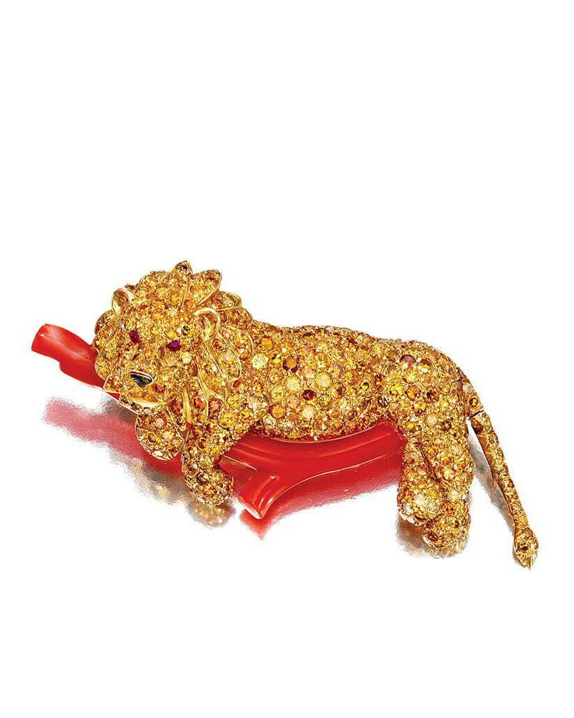Beautiful Creatures exhibit with the Van Cleef & Arpels Colored Diamond, Ruby, Enamel and Coral Lion Brooch
