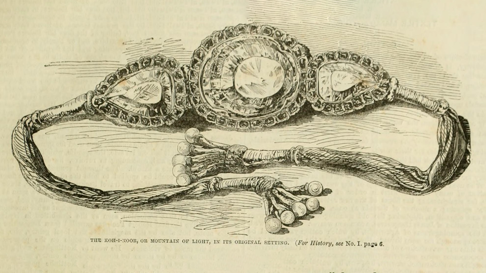 An illustration of the Koh-i-Noor diamond (center), which translates to the "Mountain of Light" as it was worn before being signed over to the British. 