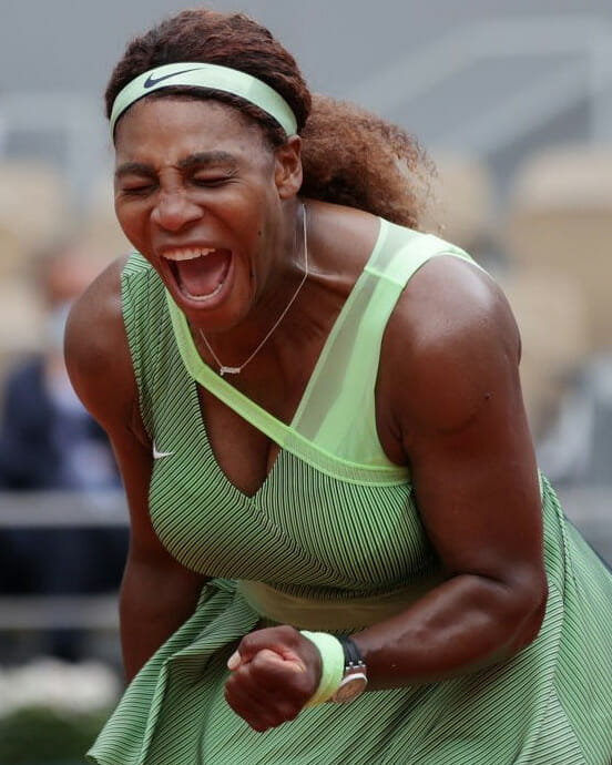 Serena Williams wearing diamond jewelry during French Open tennis match 
