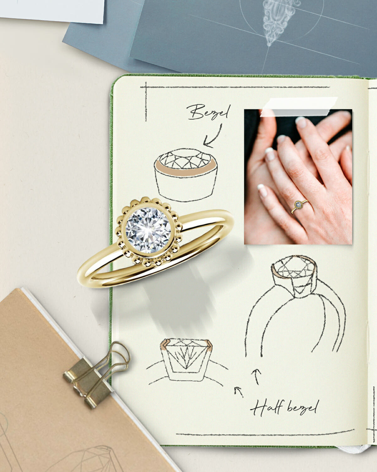 Half Bezel Engagement Ring In White Gold
