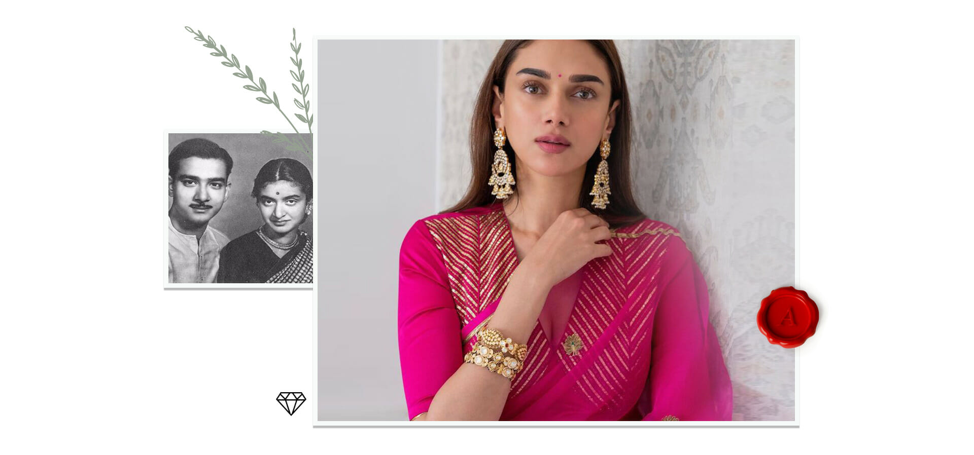 The Art of Wearing Jewellery with Aditi Rao Hydari 1 The artist’s personal image collection. | Image (R): Sanam Ratansi’s Instagram account, jewellery: Madhuban by Manubhai.
