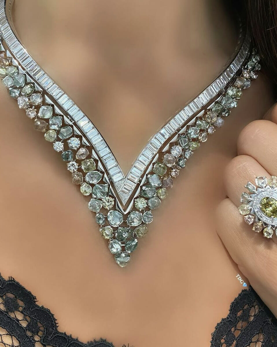 The Diamonds Girl Tracy Ellison wearing a De Beers Knysna Chameleon Necklace diamond necklace