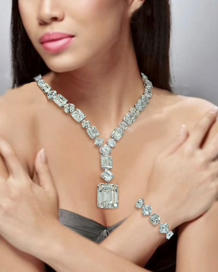 The Diamonds Girl Tracy Ellison wearing a Jacob the Jeweler Jacob and Co. diamond necklace