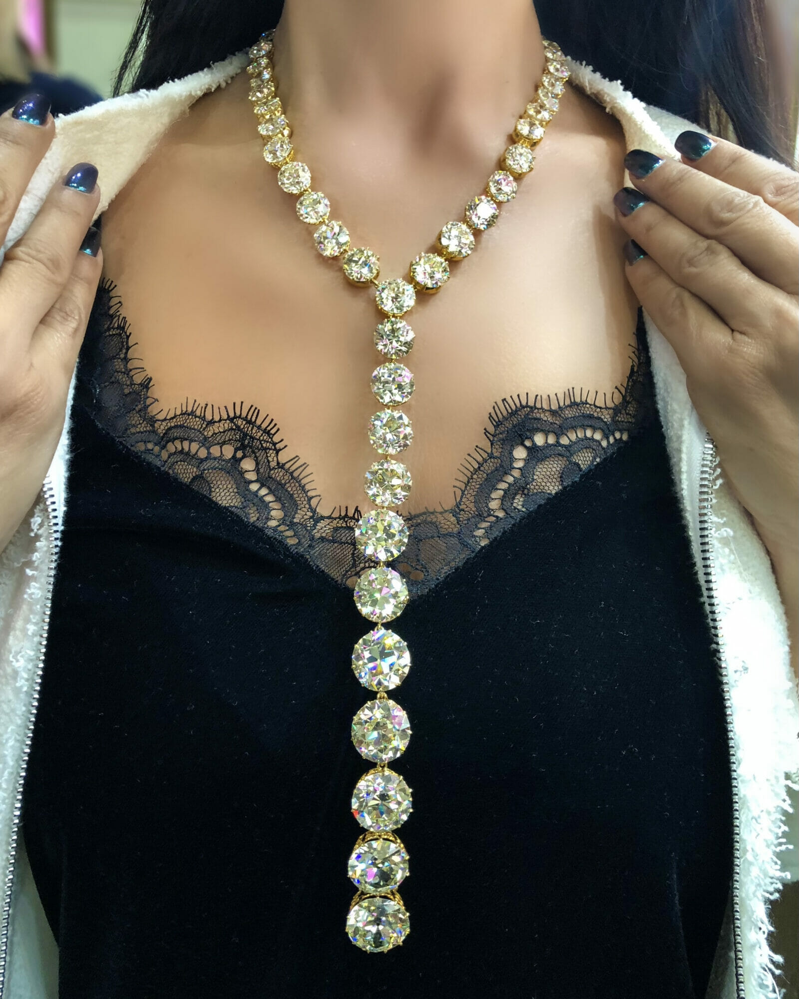 The Diamonds Girl wearing wearing Lorraine Schwartz diamond necklace once worn by Beyoncé.