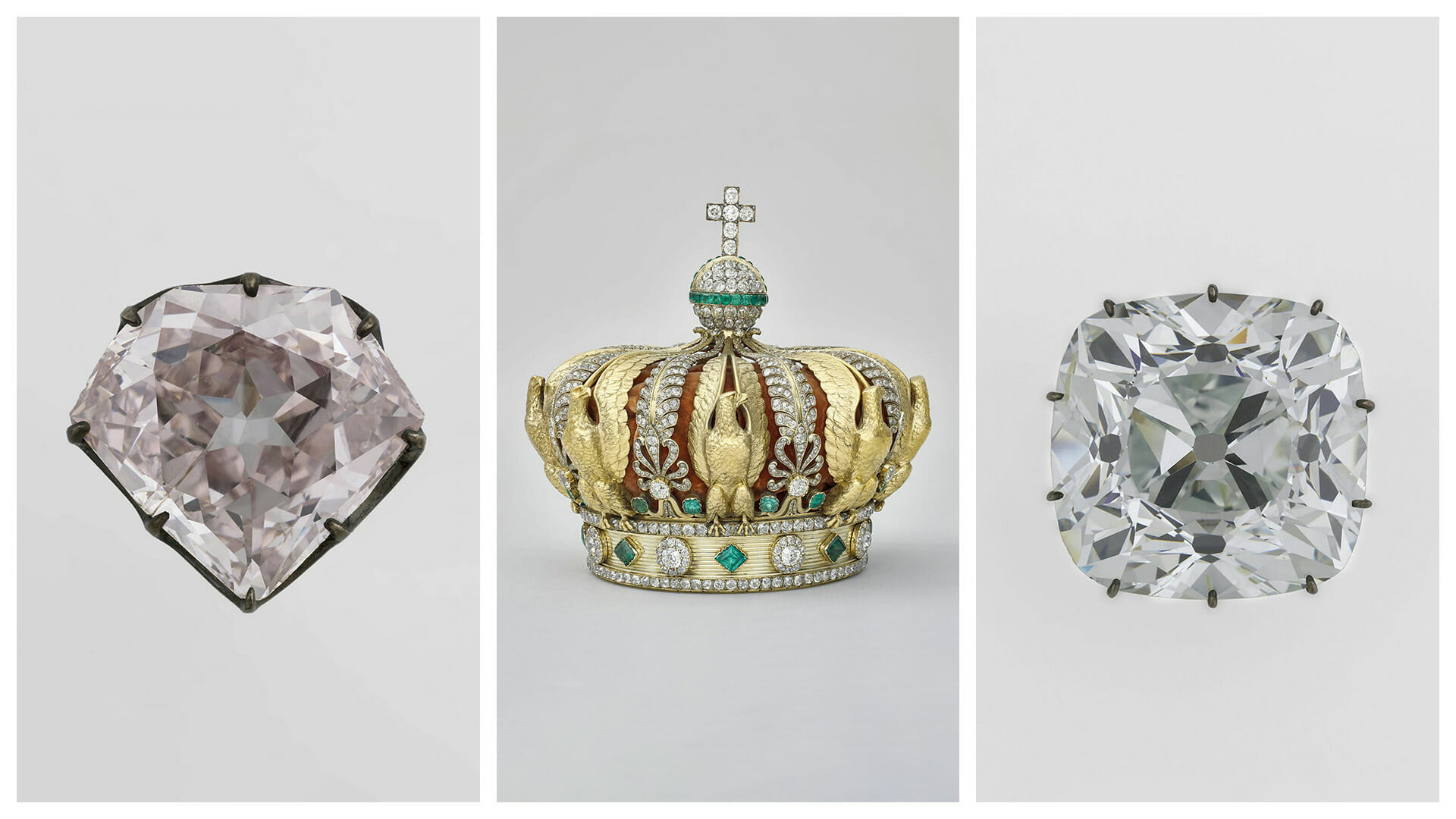 The Stunning History of the French Crown Jewels 3 French Crown Jewels Collection including the Pink Hortensia Diamond, the Crown of Princess Eugenie, and the Regent Diamond.