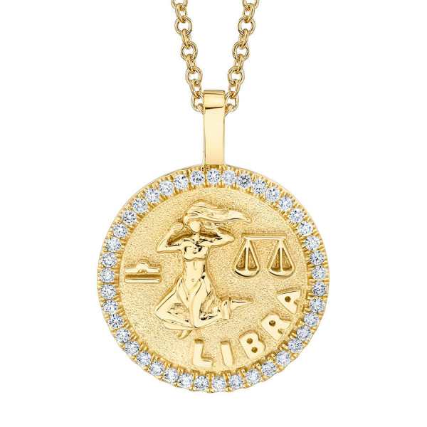Libra zodiac coin Yellow gold pendant with diamond frame