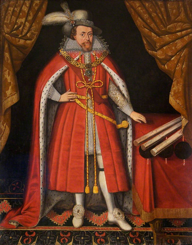 Portrait of King James I in royal state clothing. 