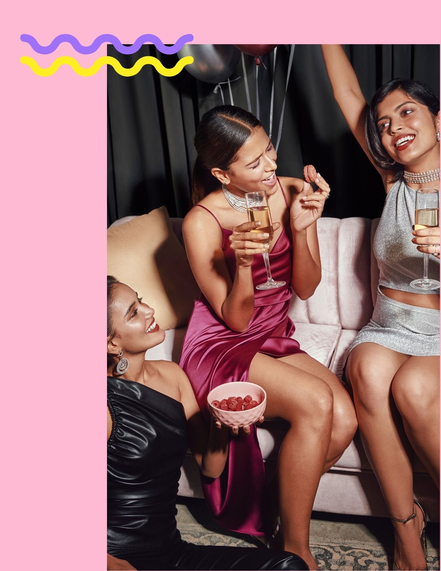 The Five Commandments: Party Edition 5 Preet Rawat in black: Anmol Jewellers earrings. Sanaa Choksi in pink: Tara Fine Jewellery necklace, Navrattan Jewellers solitaire stud. Anvi Kapadi in silver: Narayan Jewellers necklace, Moksh earrings