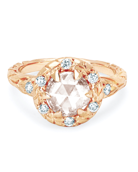Wilderness Rose Cut Champagne Diamond Ring with Sprinkled Halo